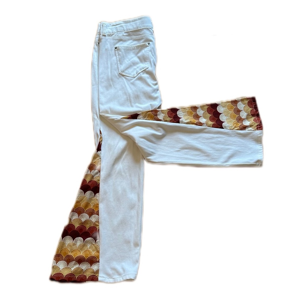 Hand Crafted Flare Pants White Rust Autumn Bellbottom stretch retro Mixit XL
